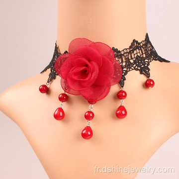 Collier Fashion dentelle collier perle Rose rouge dentelle